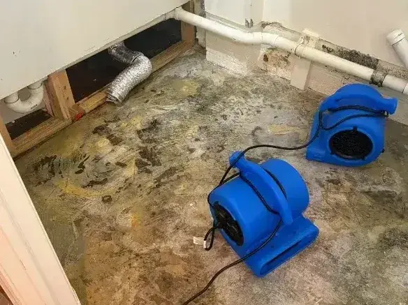Air movers drying an exposed subfloor after a pipe leak